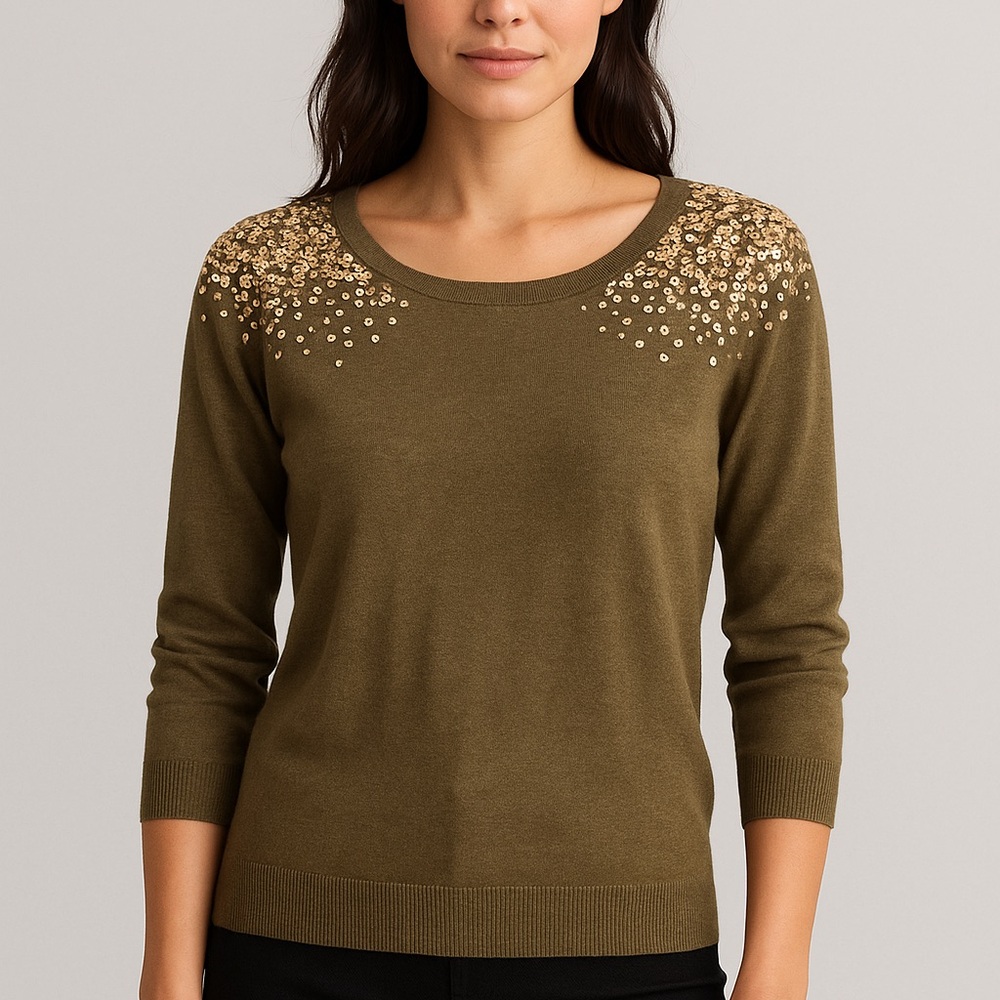 INC International Concepts Olive Green Sweater with Gold Sequin Embellishments